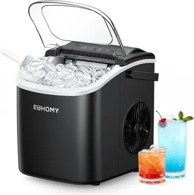 Shows the core product, an ice maker machine, with its lid open to display freshly made ice inside, communicating its primary function and ease of use for making ice at home. Includes decorative…