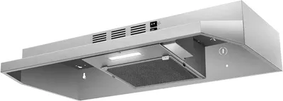 Displays the core product clearly in a catalog-style presentation to show the design, finish, and key features of the under-cabinet range hood.