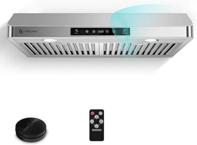 Displays the core product, a modern under-cabinet range hood with touch controls and LED lighting, along with included accessories (carbon filter and remote control) to show what the buyer receives.…
