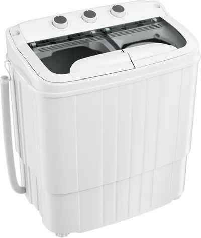 Displays the core product clearly on a white background to show the dual-tub washing machine design with control knobs and drainage hose, helping shoppers understand the product's form and basic…