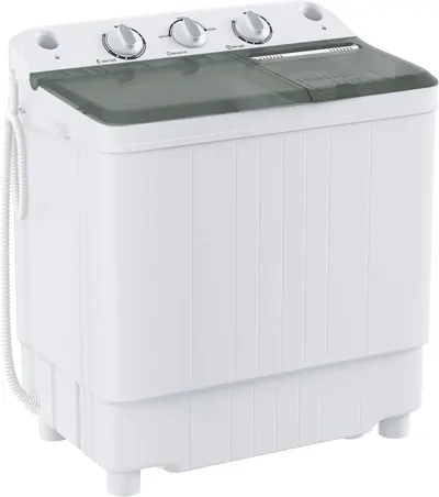 Displays the core product clearly on a white background to show the twin-tub washing machine's design, control knobs, and dual compartments for washing and spinning.