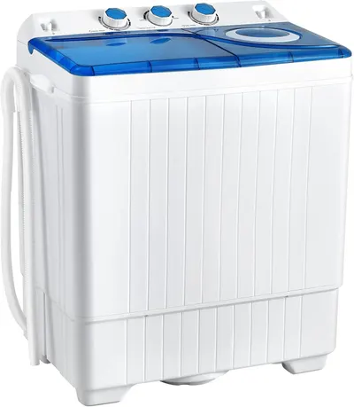 Displays the core product clearly on a white background to show the twin-tub washing machine's design, control knobs, and dual-compartment structure for washing and spinning.