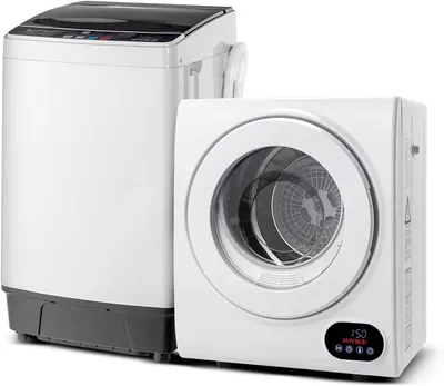 Displays the core sellable products - a portable washing machine and dryer combo - clearly showing both units together to communicate the complete laundry solution being offered.