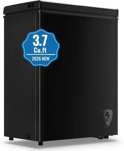 Displays the core product, a black chest freezer, clearly showing its design and capacity to help shoppers understand what they are purchasing. The blue badge overlay highlights the 3.7 cu.ft…