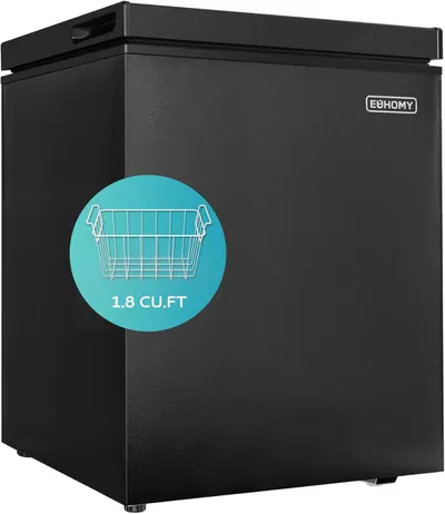 Displays the core product, a compact black chest freezer, clearly showing its size and design to help shoppers understand what they are purchasing. Highlights the 1.8 cubic feet capacity with a…