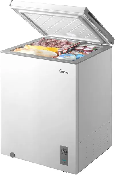 Shows the Midea chest freezer with its lid open to demonstrate the interior storage space and capacity, reassuring shoppers about how much food can be stored inside. Demonstrates the freezer's…