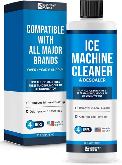 Displays the core product—a bottle of ice machine cleaner with its retail packaging—to show shoppers exactly what they will receive. Shows the physical retail box alongside the bottle to communicate…