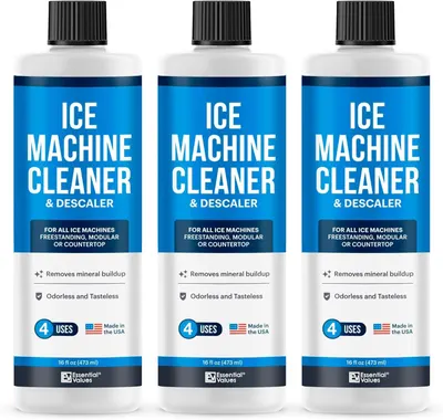 Shows the core product—three bottles of ice machine cleaner—clearly displayed to communicate what the shopper will receive. Uses subtle drop shadows beneath each bottle to ground the products and…