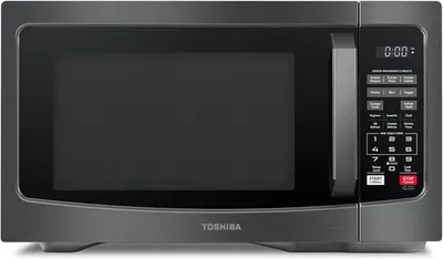 Displays the Toshiba microwave clearly showing its design, digital display, and comprehensive control panel with sensor cooking and preset options to help shoppers understand the product's features…