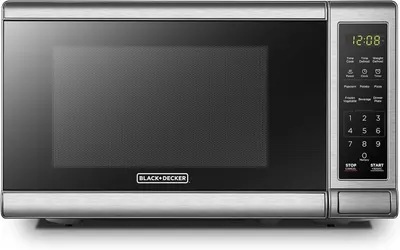 Shows the microwave's clean catalog appearance with visible digital display and control panel to communicate its features and modern design to shoppers. Uses a subtle drop shadow beneath the…