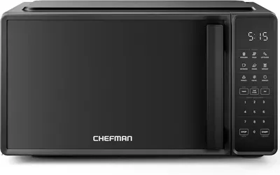 Displays the microwave as the core product with clear visibility of its digital control panel and preset cooking functions to communicate ease of use and modern features.