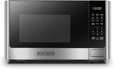 Shows the core product, a BLACK+DECKER microwave, in a clean catalog-style presentation to communicate its modern design, digital interface, and key features like express cook settings and preset…