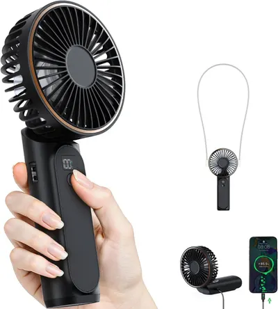 Shows the core product—a handheld portable fan—in multiple views and configurations to communicate its versatility and portability for on-the-go cooling. Demonstrates how the fan is held and…