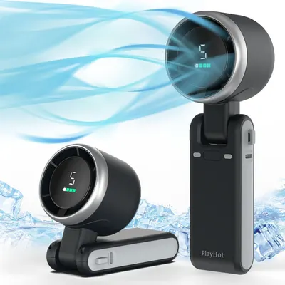 Shows the core product—a portable handheld fan with digital display and battery indicator—to communicate its design, portability, and rechargeable functionality. Uses blue airflow lines and ice cube…