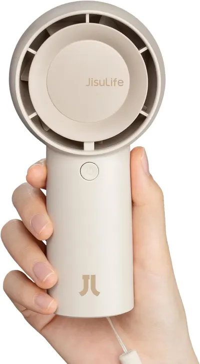 Shows the core product clearly with its circular fan design and branding to help shoppers understand what they are purchasing. Demonstrates the compact size and portability of the fan by showing it…