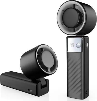 Shows the core product in a clean catalog presentation to communicate its modern bladeless fan design, digital controls, and compact handheld format with charging base. Demonstrates that the product…