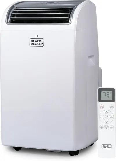 Displays the core product clearly on a white background to show the portable air conditioner unit and its included remote control, allowing shoppers to see the design, brand, and key features like…