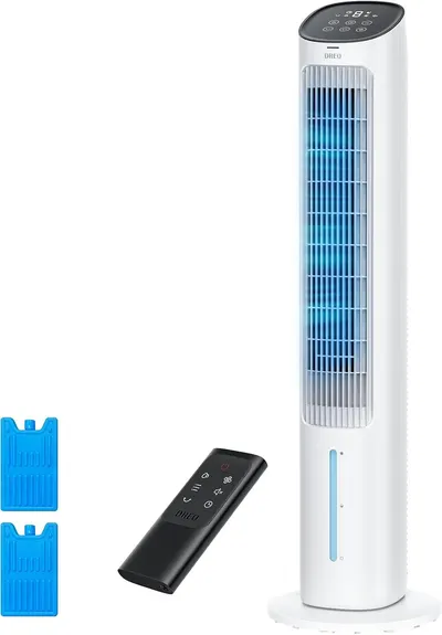 Displays the core product, a tower fan with digital control panel, to show shoppers what they will receive. Shows the included accessories that come with the fan, including a remote control and two…