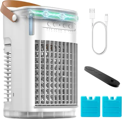 Displays the core product—a portable air cooler/humidifier—along with all included accessories to show shoppers exactly what they will receive in the package. Shows all included accessories—charging…