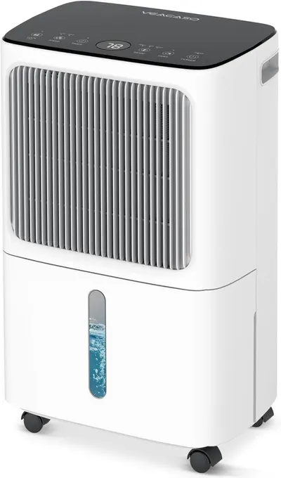 Shows the core dehumidifier product with its key features including the transparent water level window, digital control panel, and mobility wheels to communicate functionality and convenience to…
