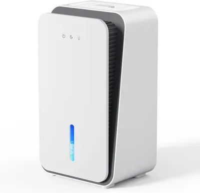 Shows the dehumidifier product in a clean catalog style to communicate its modern aesthetic and visible water level indicator feature.