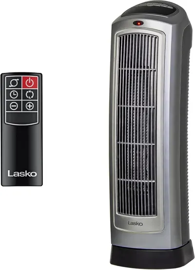 Displays the core product clearly on a white background to show the heater unit and included remote control, allowing shoppers to see what they will receive. Shows that a remote control is included…