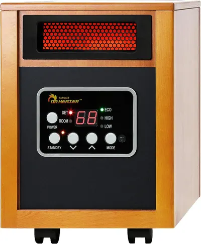 Shows the core infrared heater product with its digital control panel and heating element clearly visible, allowing shoppers to see the product design and key functional features.