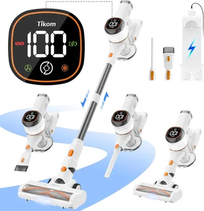 Shows the core cordless vacuum product with its digital display and included attachments to communicate the complete package and versatility of the cleaning system. Demonstrates the vacuum's…