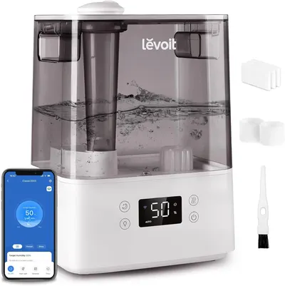 Shows the core humidifier product with its key features including the transparent water chamber, digital humidity display, and smartphone app connectivity to communicate its smart functionality and…