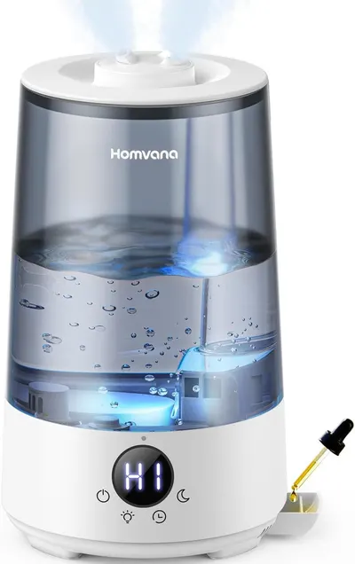 Shows the core humidifier product with its transparent water reservoir and digital controls, allowing shoppers to see the product design and key features like the visible water level and control…