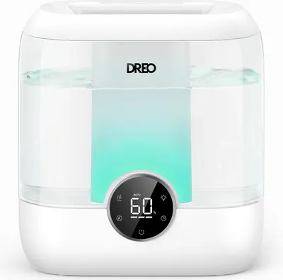 Shows the core humidifier product with its key features including the digital humidity display, transparent water reservoir, and ambient LED lighting to communicate functionality and modern design.