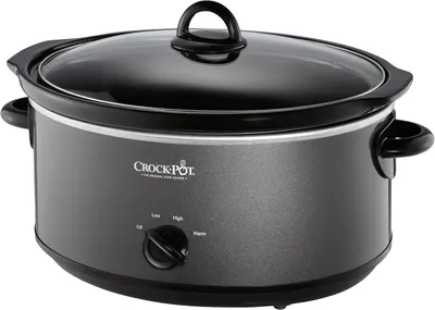Displays the core product clearly on a white background to show the shopper exactly what they will receive, including the oval slow cooker body, glass lid, side handles, and temperature control dial.