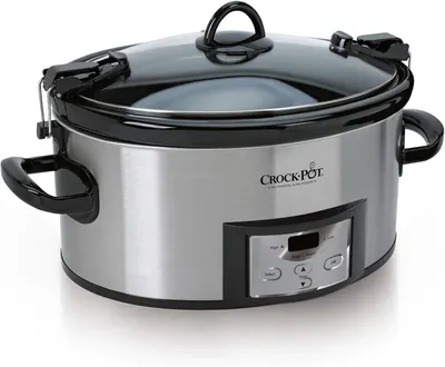 Displays the Crock-Pot slow cooker as the core product with clear visibility of its stainless steel body, digital control panel, locking lid mechanism, and side handles to communicate its features…