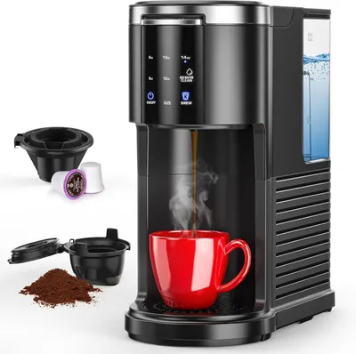 Displays the core coffee maker product clearly with its key features visible, including the control panel, water reservoir, and brewing area to help shoppers understand what they are purchasing.…