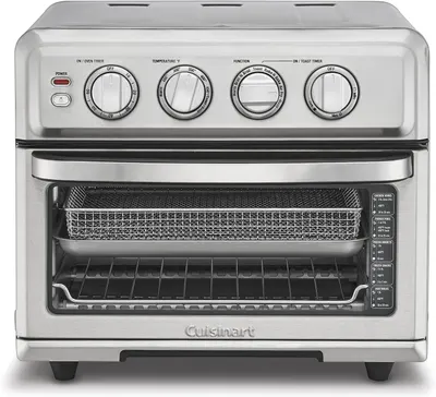 Displays the core product—a Cuisinart air fryer toaster oven—with its door open to show the interior capacity, included racks and basket, and control panel with multiple cooking functions, helping…
