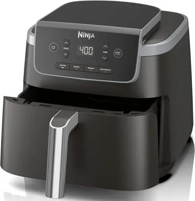 Displays the Ninja air fryer as the core product with its digital interface and accessible basket drawer, communicating ease of use and versatility to shoppers looking for a multi-function kitchen…