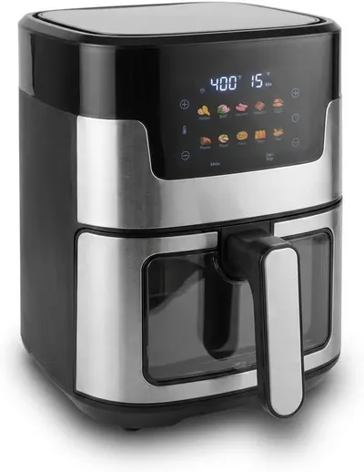 Displays the core product clearly to show its modern design, digital control panel with preset cooking icons, and transparent basket drawer, helping shoppers understand what they will receive.