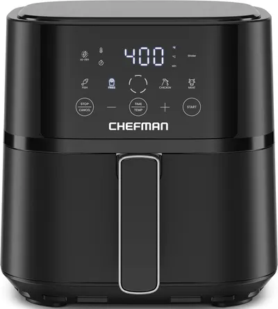 Shows the Chefman air fryer with its digital interface and preset cooking functions to communicate ease of use and versatility for different food types.