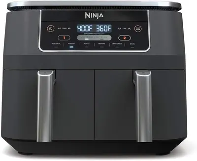 Displays the Ninja air fryer with its dual-zone technology and digital interface to show shoppers the core product features and premium design.