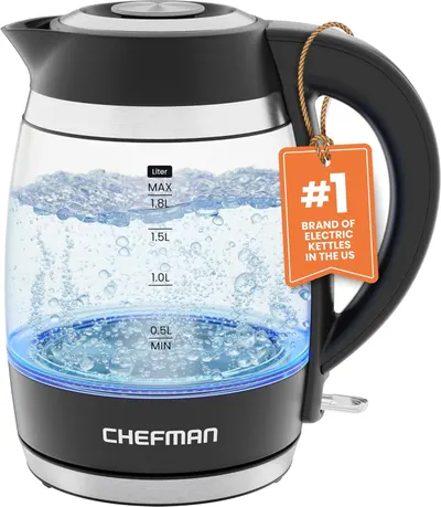 Shows the core product—a glass electric kettle with visible water level markings and illuminated boiling action—to communicate its transparent design, capacity, and functional features to shoppers.…
