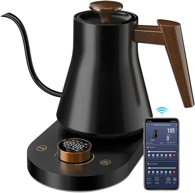 Shows the electric kettle with its smart base and mobile app interface to communicate that this is a WiFi-enabled, app-controlled kettle that allows precise temperature control and monitoring.…
