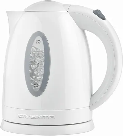 Shows the electric kettle with a transparent water level window displaying boiling water and measurement markings, helping shoppers understand the capacity and see-through design feature.
