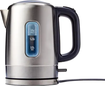 Displays the electric kettle clearly on a white background to show its design, premium stainless steel finish, and visible water level gauge, helping shoppers understand what they will receive.