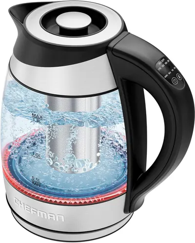 Shows the electric kettle actively boiling water with visible bubbles and illuminated LED lighting to demonstrate its heating function and visual indicator feature, reassuring shoppers that the…