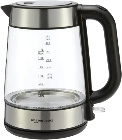 Displays the core product clearly on a white background, showing the glass kettle with visible capacity markings and stainless steel accents to communicate the product's design and functionality.