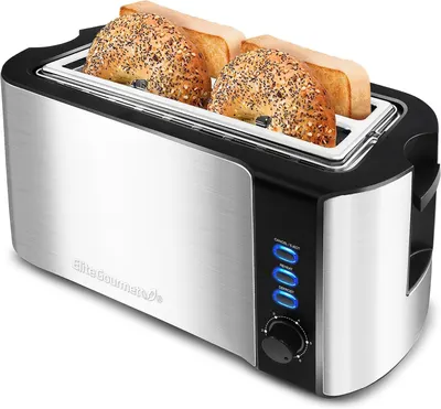 Shows the core product, a 2-slice long slot toaster with stainless steel finish, actively toasting bagels to demonstrate its functionality and capacity. Demonstrates the toaster in action with…
