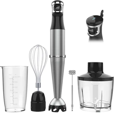 Displays the core immersion blender product along with all included attachments and accessories to show the complete set the buyer will receive. Shows all the included accessories and attachments…