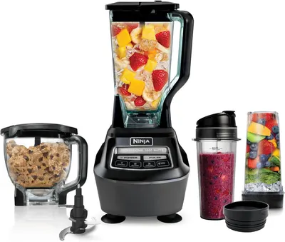 Shows the complete Ninja blender system with multiple containers and attachments to communicate versatility and value, demonstrating that the product can handle various blending tasks from smoothies…