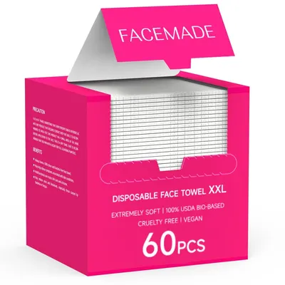 Shows the core product packaging and contents to communicate what the shopper will receive: a box of 60 disposable face towels with key product attributes visible. Displays the retail packaging with…