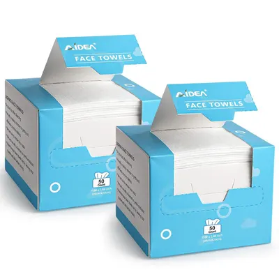 Shows the core product - disposable face towels in their retail packaging - clearly displaying the brand, product type, count, and dimensions to help shoppers understand what they are purchasing.…